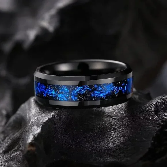 Mens Wedding Band with Foils Inlay, Black/Silver/Gold Beveled Edge Glowstone Rin - Picture 2 of 7